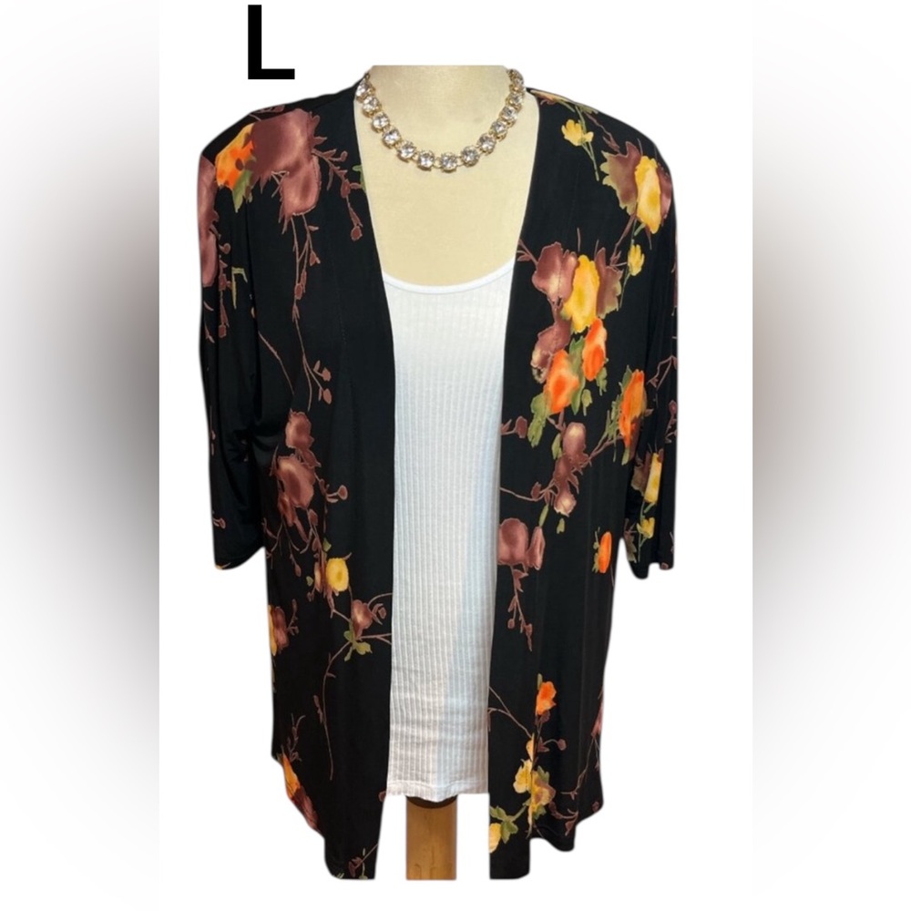 ARTEX Floral Kimono Cardigan Size Large Open Front 3/4 Sleeves Stretchy